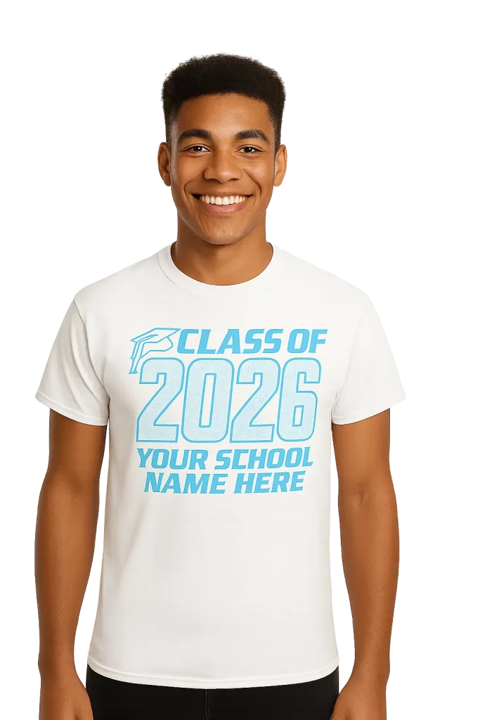 Smiling student wearing a custom Class of 2026 graduation t-shirt from USA Tees, perfect for school spirit and group orders.