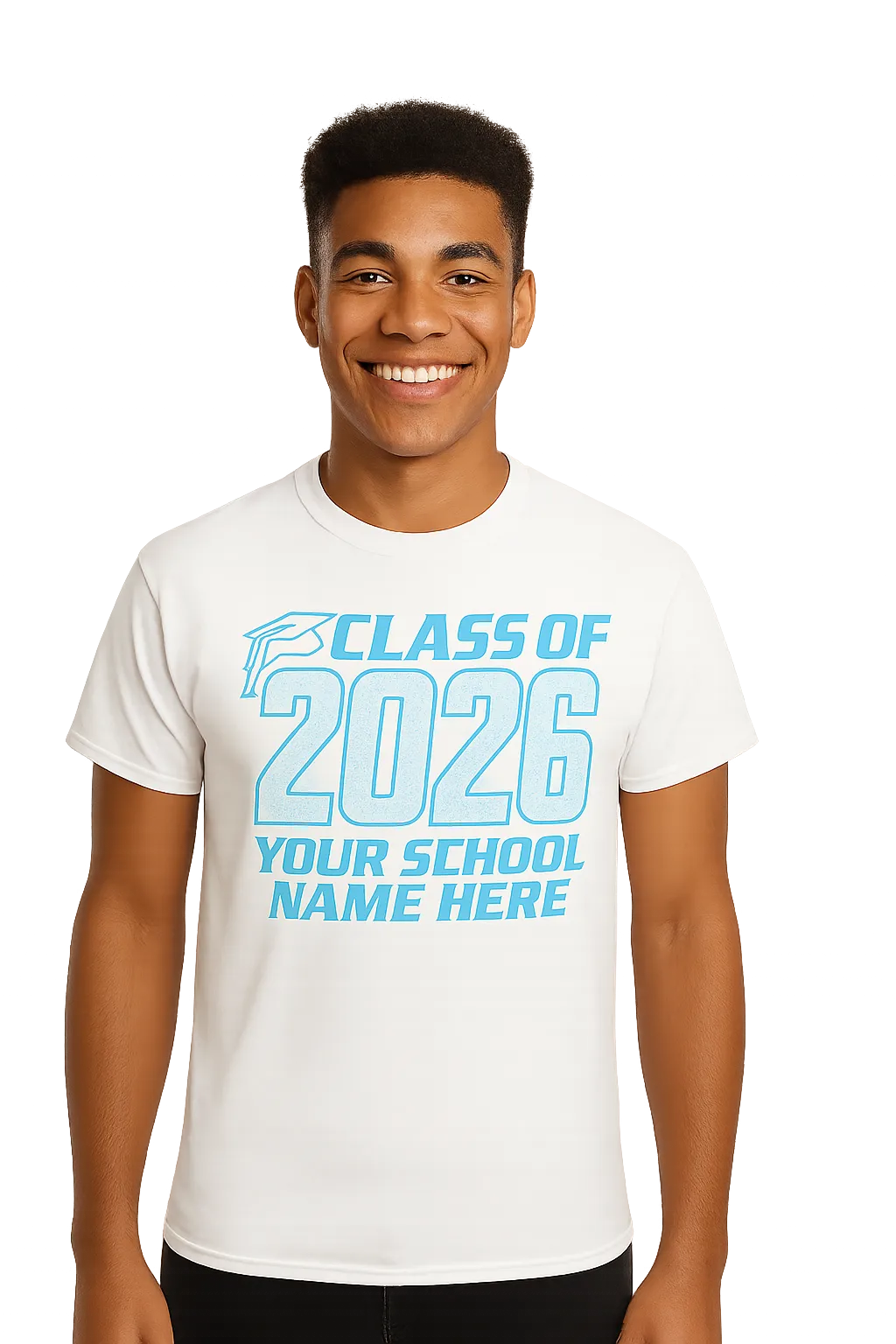 Smiling student wearing a custom Class of 2026 graduation t-shirt from USA Tees, perfect for school spirit and group orders.