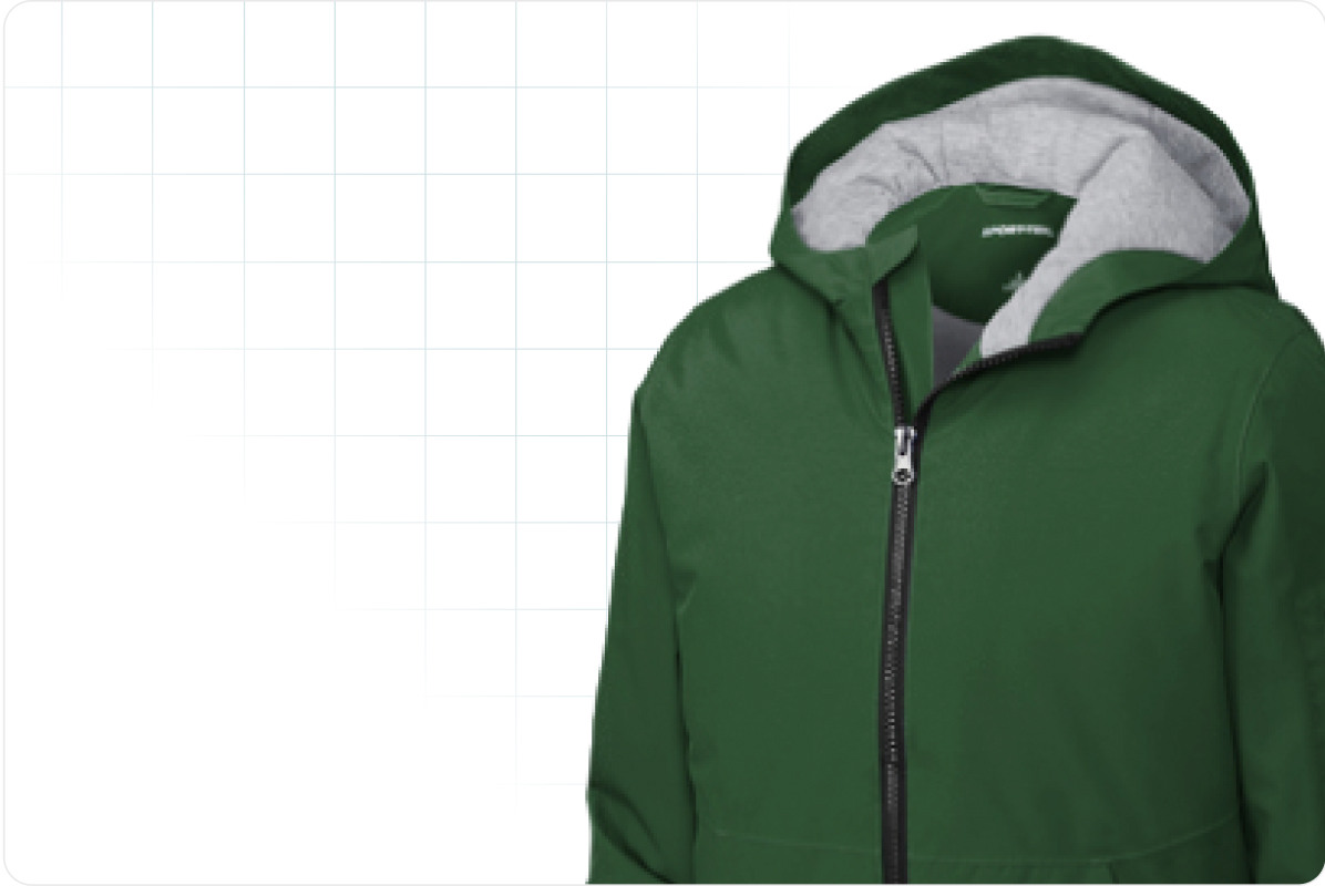 Green zip-up hoodie with a gray hood lining
