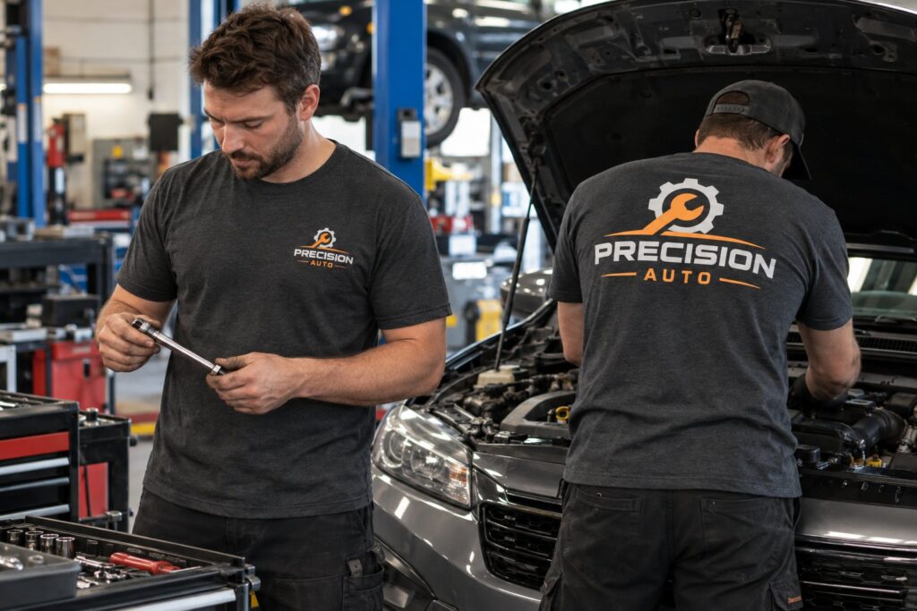 Auto repair staff in an industry setting showing small left-chest logos and large back prints
