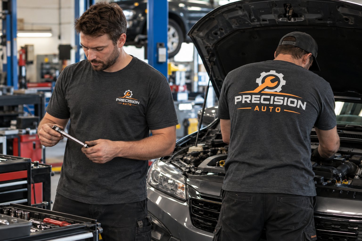 Auto Repair Shops crew in action showing sample left-chest and full-back logo prints
