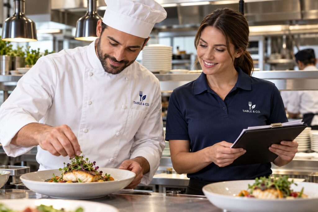 chef-manager staff in an industry setting showing small left-chest logos and large back prints