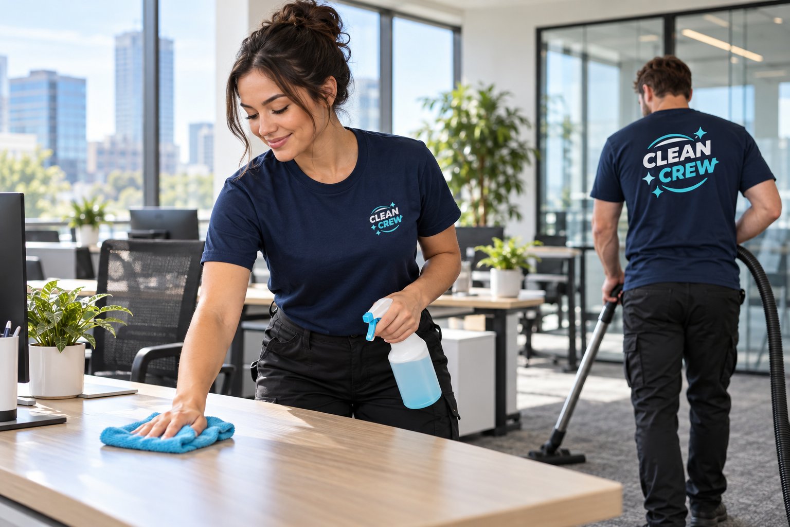 Cleaning Companies crew in action showing sample left-chest and full-back logo prints