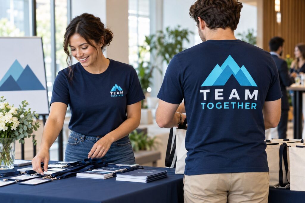corporate staff in an industry setting showing small left-chest logos and large back prints