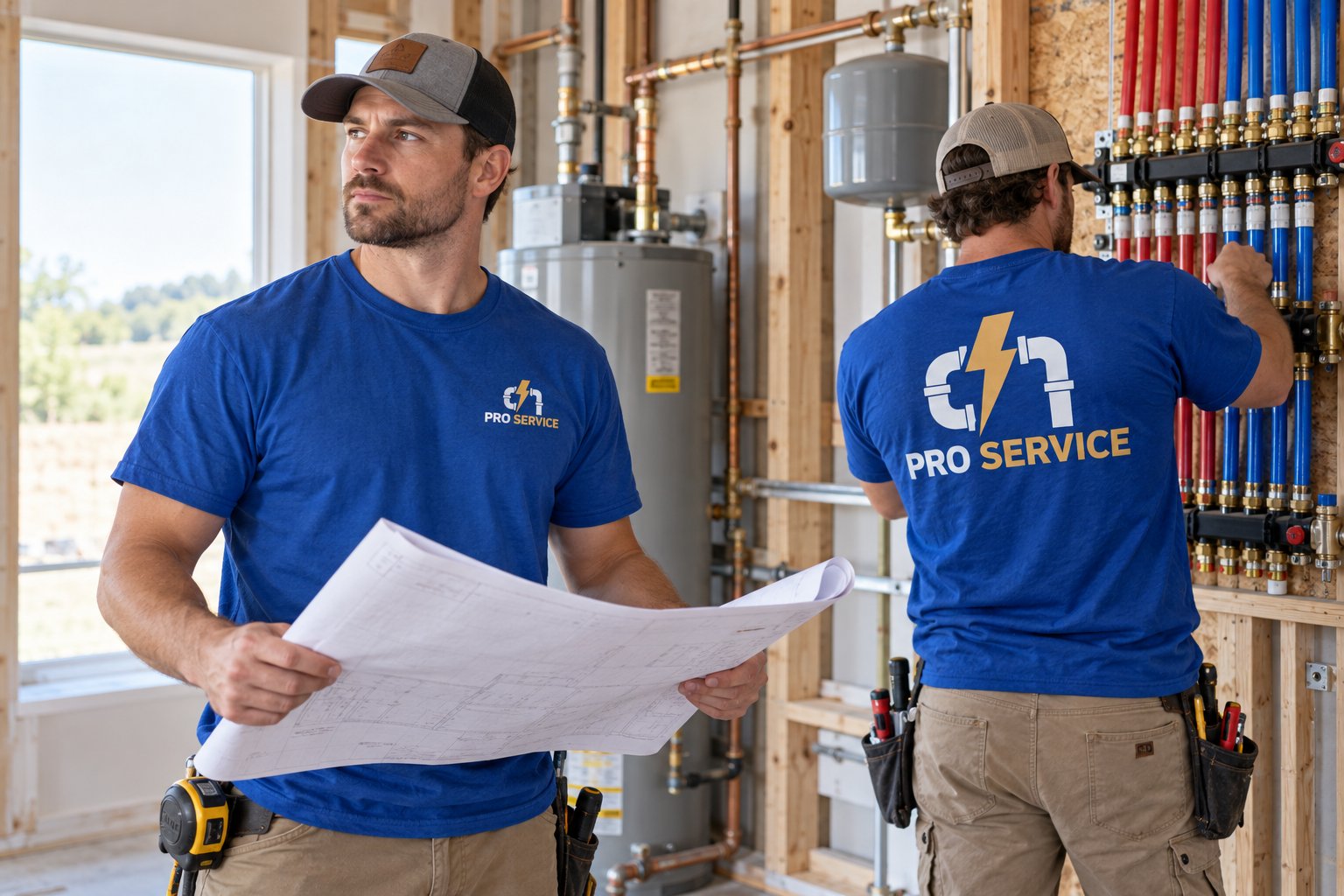 Electrical & Plumbing crew in action showing sample left-chest and full-back logo prints