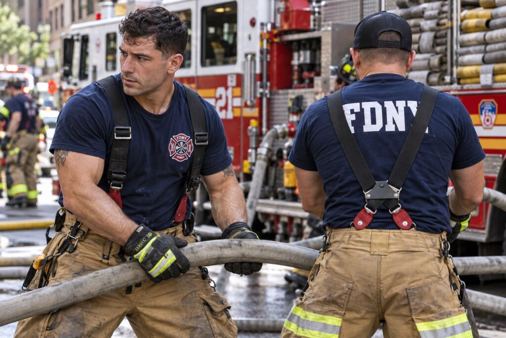 firefighters staff in an industry setting showing small left-chest logos and large back prints