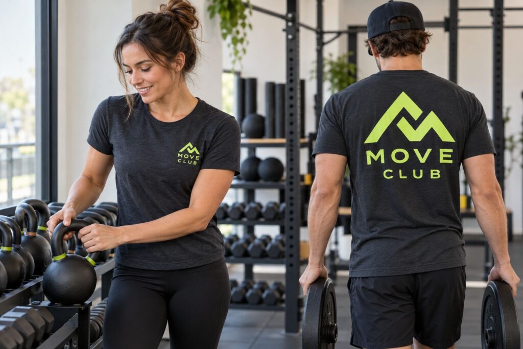 gym staff in an industry setting showing small left-chest logos and large back prints