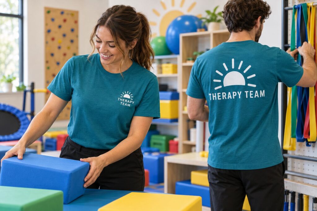healthcare staff in an industry setting showing small left-chest logos and large back prints