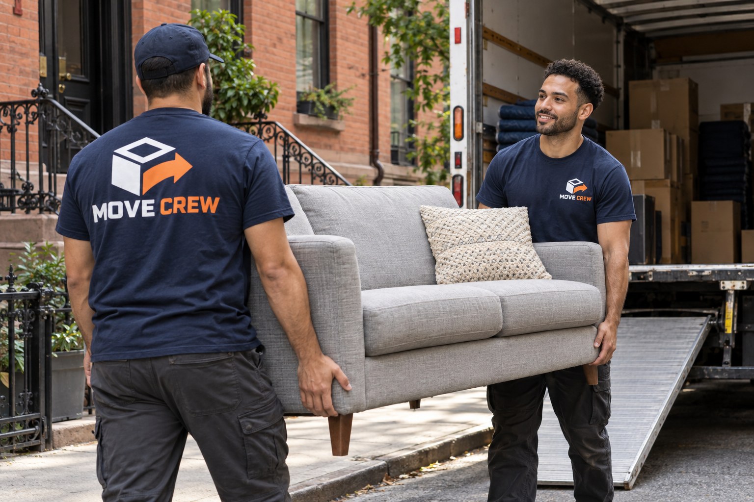 Illustrative moving crew carrying a sofa, showing left-chest and full-back sample logo prints