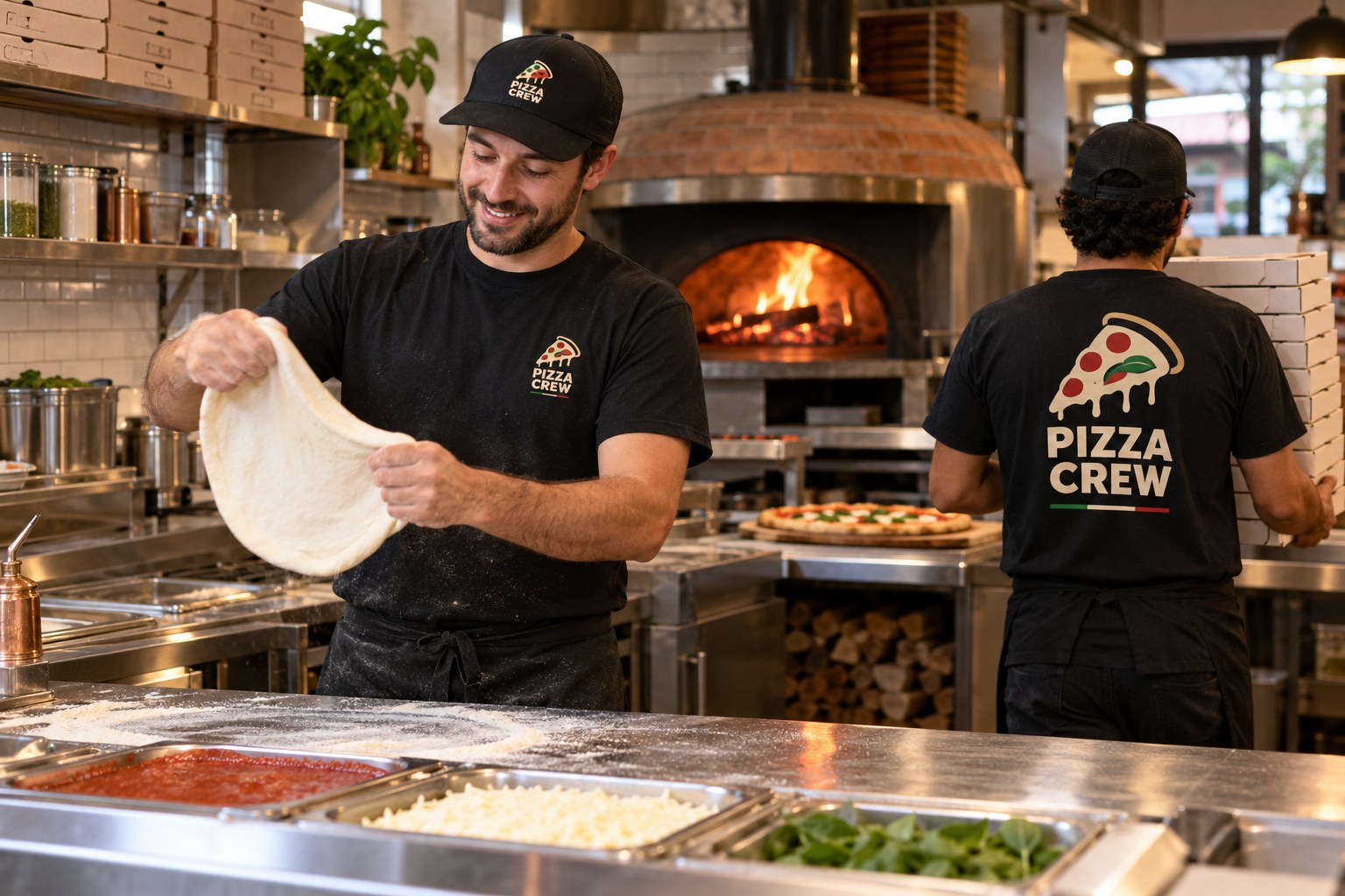 Illustrative pizzeria staff preparing dough and carrying pizza boxes, showing chest and back logo prints