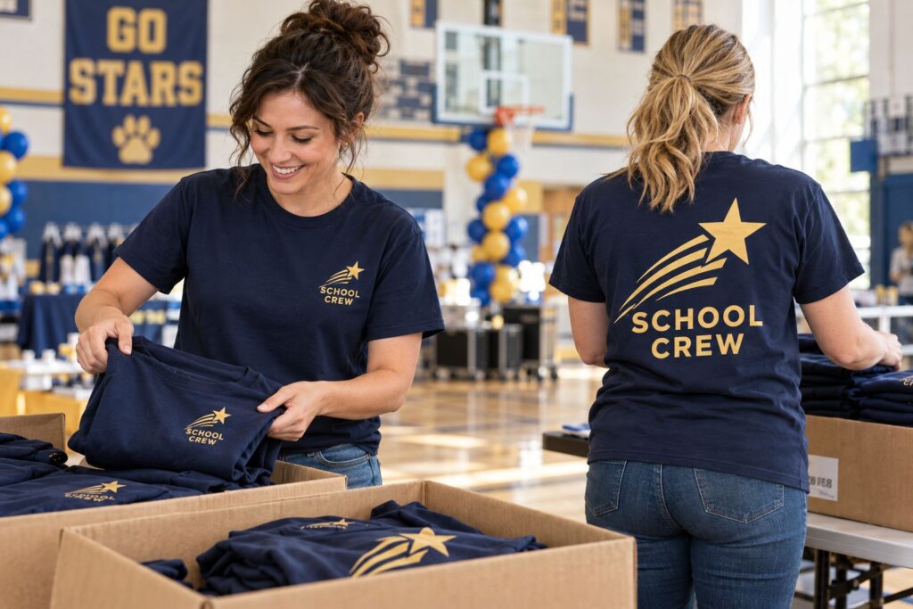 school staff in an industry setting showing small left-chest logos and large back prints